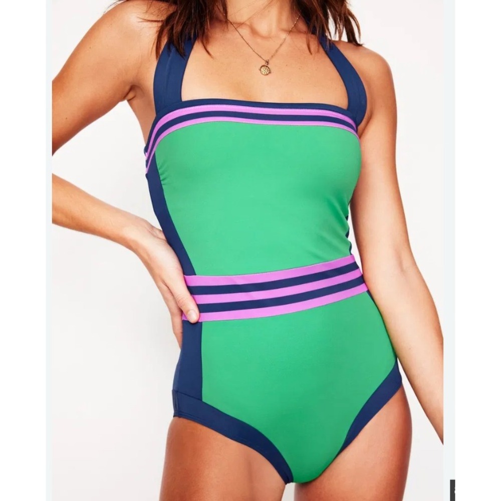Boden Santorini Halterneck Swimsuit Green Navy Pink Colorblock 16-18R NEW